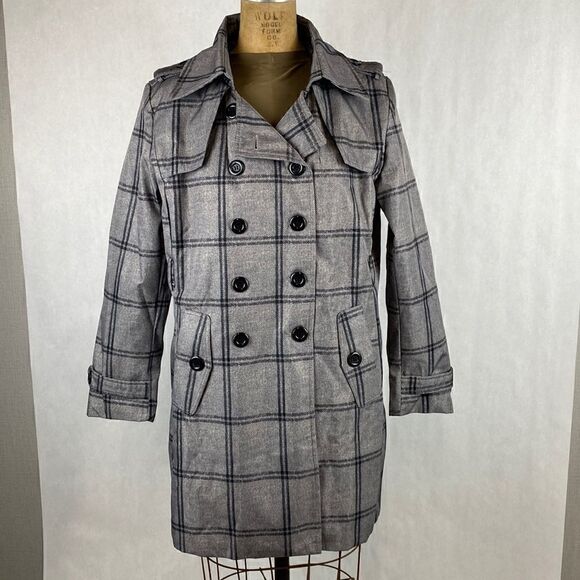 Farvalue Plaid Trench Coat Sz Large Water Resistant Double Breasted Gray Black - Picture 1 of 14